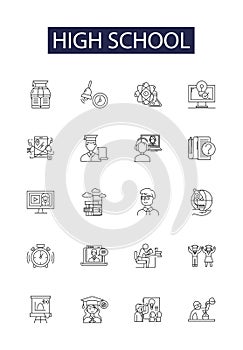 High school line vector icons and signs. Refectory, Learning, Books, Teachers, Scholars, Discipline, Grades, Exams