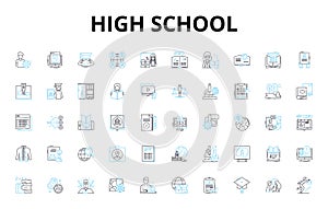High school linear icons set. Adolescence, Homework, Extracurricular, Exams, Sports, Socializing, Cliques vector symbols