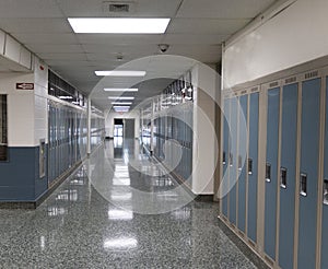 High school lockers lining a hallway