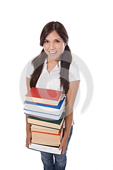High school schoolgirl student with stack books