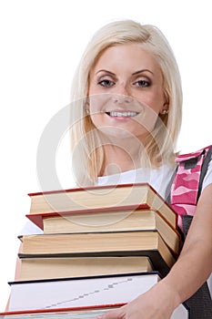 High school schoolgirl student with stack of books