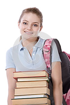 High school schoolgirl student with stack of books