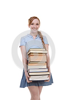 High school schoolgirl student with stack books