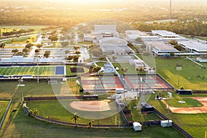 High school sports facilities in Florida. American football stadium, tennis court and baseball diamond sport
