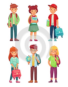 High school students. Kids pupils with globe, books and backpack. Schools boy and girl pupil characters vector set