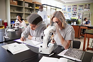 High School Students Looking Through Microscope In Biology Class