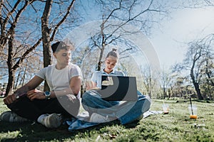 High school students studying together on a sunny campus lawn