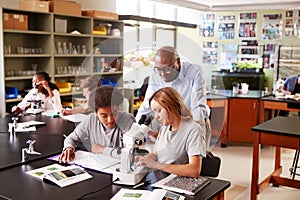 High School Students With Tutor Using Microscope In Biology Class