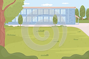 High school surrounded by green schoolyard flat color vector illustration