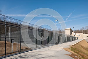 high-security nuclear waste storage facility with perimeter fence and security cameras