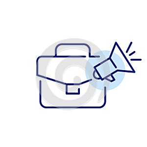High skilled employee hiring campaign. Briefcase and loudspeaker promoting job opportunities. Pixel perfect icon