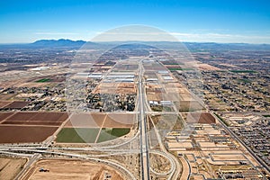 High in the sky showing growth along Arizona State Route 303 west of Phoenix