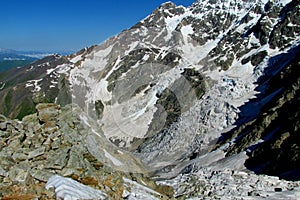 High snow and rocky mountain range and valley