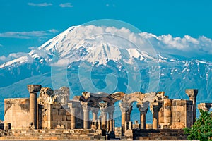 High snowy Ararat and the ruins of Zvartnots temple a landmark