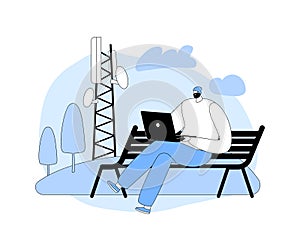 High-speed 5G Internet, Social Media Networking. Young Man Sitting on Bench with Laptop in Hands near Transmission Tower