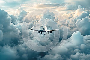 High-speed Airplane flies clouds transport. Generate Ai