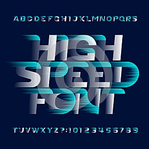 High Speed alphabet font. Fast wind effect modern type letters and numbers.