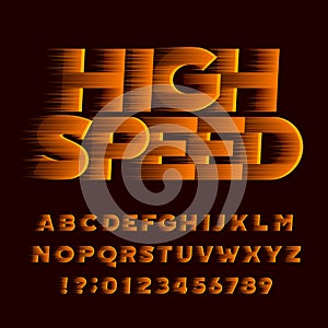 High speed alphabet font. Wind effect oblique type letters and numbers.