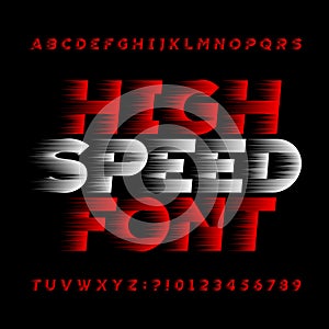 High speed alphabet vector font. Wind effect type letters and numbers on a black background.