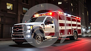 High-speed ambulance racing through on night in city. Medical emergency, first responder concept.