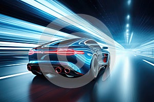 A high-speed blue sports car racing through a tunnel, showcasing its power and elegance, Rear view of blue Business car on high