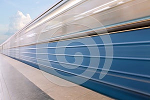 High speed blur perspective lines train rail movement cloudy sky background