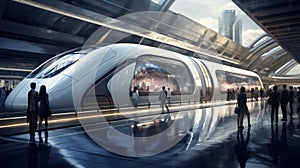 High speed bullet train at futuristic Railway Station platform.