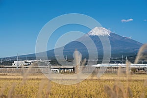 High Speed Bullet Train Tokaido Shinkansen and Fuji mountain with rice field, Fuji, Shizuoka, Japan