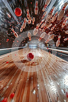 Bowling ball impact: striking pins on alley lane with forceful smash photo
