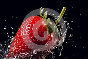 A high-speed capture of a knife slicing through a strawberry, resulting in a burst of juice and seeds, capturing the dynamic and