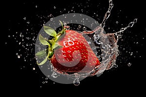 A high-speed capture of a knife slicing through a strawberry, resulting in a burst of juice and seeds, capturing the dynamic and