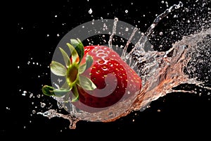 A high-speed capture of a knife slicing through a strawberry, resulting in a burst of juice and seeds, capturing the dynamic and