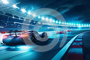 A high-speed car races down a brightly lit race track under the cover of darkness, A night scene of sport car racing under stadium