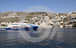 High Speed Catamaran Arrives at Main Port of Symi in Greece