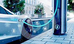 High-speed charging station for electric vehicles on city streets with blue energy battery charging. Fuel power and transportation