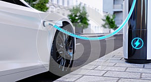 High-speed charging station for electric vehicles on city streets with blue energy battery charging. Fuel power and transportation