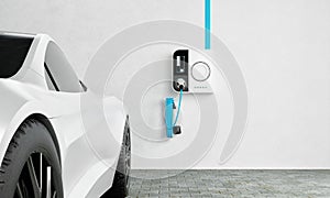 High-speed charging station for electric vehicles at home garage with blue energy battery charger. Fuel power and transportation