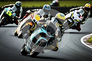 High-Speed Cornering Motorcycle Racers Tilt in Tandem on the Track. Generative AI