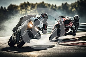 High-Speed Cornering Motorcycle Racers Tilt in Tandem on the Track. Generative AI