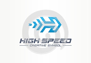 High speed creative sport symbol concept. Power accelerate race in arrow growth abstract business logo. Rocket forward