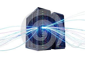 High-speed data flow connecting modern server racks for digital transformation