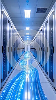 High-Speed Data Flow in a Modern Server Room Corridor