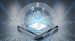 High-speed data processing on a glowing microchip for tech industry concepts and future engineering projects.