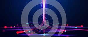High-speed digital data flow concept featuring glowing pink and blue light trails and binary code elements