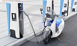 High-speed EV charging station for electric motorcycles on city streets with energy battery charging cable and plug. Innovative