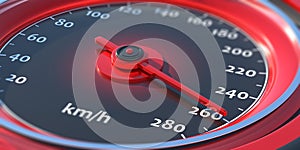 Car speedometer, high speed on dashboard gauge closeup view. 3d illustration