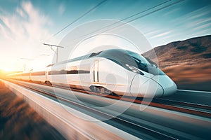 High speed fast train passenger locomotive in motion at the railway station city