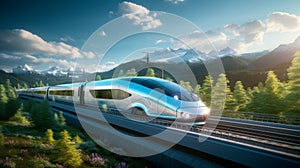 High speed fast train passenger locomotive in motion at the railway station city. Neural network AI generated