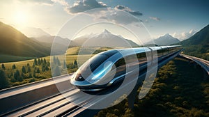 High speed fast train passenger locomotive in motion at the railway station city. Neural network AI generated