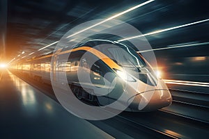 High speed fast train passenger locomotive in motion at the railway station city subway underground